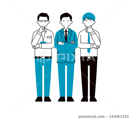 A set of simple full-body vector illustrations of multiple young businessmen in thinking, troubled, and worried poses. A set of simple full-body vector illustrations of multiple young businessmen in thinking, troubled, and worried poses. 143063105
