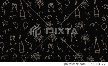 A seamless festive pattern illustration in gold line-art doodle style on a solid black vector background  143063177
