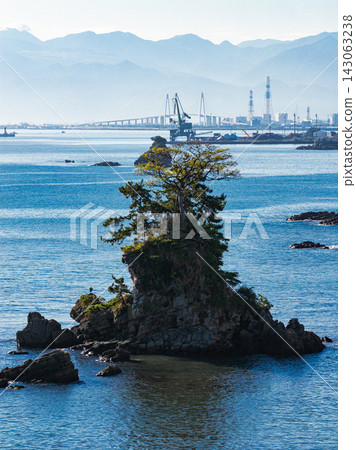 Amaharashi Coast, Onna-iwa Rock and Shinminato Bridge (aerial view by drone) 143063238