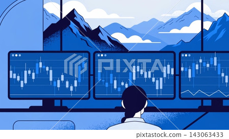 Flat vector illustration back view of a male trader sitting at a desk with three computer background Flat vector illustration back view of a male trader sitting at a desk with three computer background 143063433