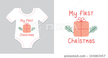 cute baby bodysuit with my first christmas design isolated vector illustration 143063457
