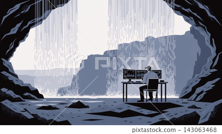 Flat vector illustration back view of a trader at a desk with three monitors background  143063468