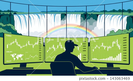 Flat vector illustration back view of a trader at a desk with three monitors background Flat vector illustration back view of a trader at a desk with three monitors background 143063469