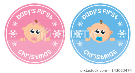 cute babys first christmas sticker with baby face girl and boy vector illustration cute babys first christmas sticker with baby face girl and boy vector illustration 143063474