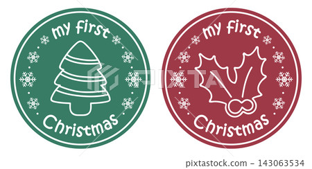 cute babys first christmas sticker with holly berry and fir tree vector illustration cute babys first christmas sticker with holly berry and fir tree vector illustration 143063534