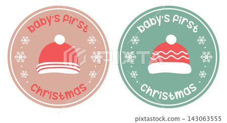 cute babys first christmas sticker with caps vector illustration cute babys first christmas sticker with caps vector illustration 143063555
