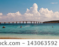碧綠的海水，一座橋樑橫跨大海；人們正在享受水上摩托車的樂趣。 143063592