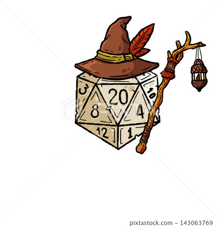 D20 dice wizard hat staff, hand drawn brown hat feather, wooden staff lantern. Fantasy rpg tabletop emblem, dice twenty sides beige mage. D20 dice wizard hat staff D20 dice wizard hat staff, hand drawn brown hat feather, wooden staff lantern. Fantasy rpg tabletop emblem, dice twenty sides beige mage. D20 dice wizard hat staff 143063769