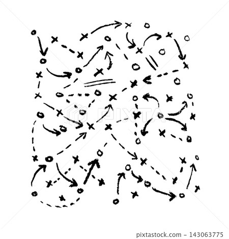 Complex sports tactical diagram with extensive movement patterns. Coaching strategy sketch with multiple arrows and X O symbols. Black grunge texture elements. 143063775