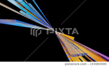 A crystal glass ray of light spreading from the center, refraction of light blue and gold, abstract 3DCG on a black background. A crystal glass ray of light spreading from the center, refraction of light blue and gold, abstract 3DCG on a black background. 143064400