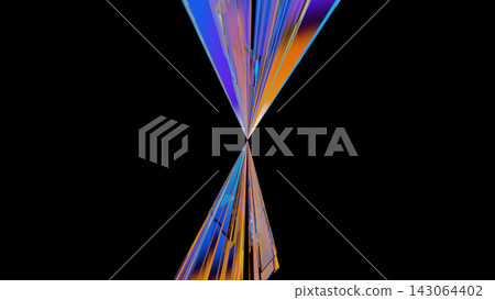 An hourglass-shaped glass prism intersecting at a single point; purple, orange, and blue; abstract 3DCG on a black background. An hourglass-shaped glass prism intersecting at a single point; purple, orange, and blue; abstract 3DCG on a black background. 143064402