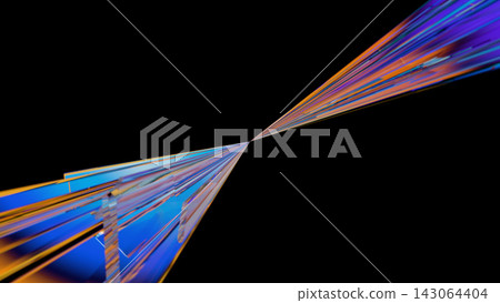 Purple and orange glass streamlines converging towards a vanishing point, prism abstract 3DCG on a black background. Purple and orange glass streamlines converging towards a vanishing point, prism abstract 3DCG on a black background. 143064404