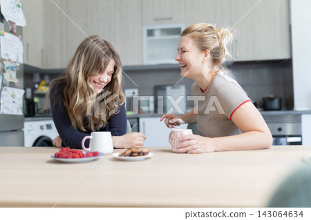 Two women laughing together at a kitchen table with coffee mugs, plates of cookies, and raspberries, in a modern home setting with appliances visible Two women laughing together at a kitchen table with coffee mugs, plates of cookies, and raspberries, in a modern home setting with appliances visible 143064634