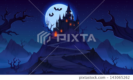 Dark haunted Halloween castle with glowing orange windows. Winding crooked path leads up the mountain hill, framed by barren trees, starry sky full moon and flying bats. Cartoon vector horror night Dark haunted Halloween castle with glowing orange windows. Winding crooked path leads up the mountain hill, framed by barren trees, starry sky full moon and flying bats. Cartoon vector horror night 143065262