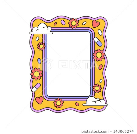 Cartoon retro groovy wave frame with hippie psychedelic and y2k decoration border. Groovy photo frame with cute pop art or funky clouds and hearts or love pills and flowers with wavy colours Cartoon retro groovy wave frame with hippie psychedelic and y2k decoration border. Groovy photo frame with cute pop art or funky clouds and hearts or love pills and flowers with wavy colours 143065274