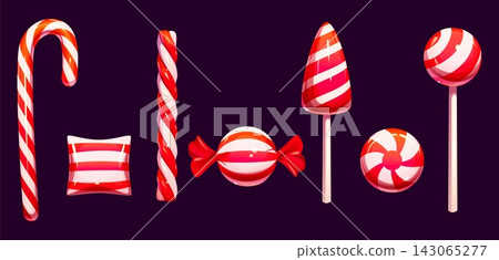 Christmas lollipops and candy cane caramels with red swirls and stripes for holiday cartoon icons. Christmas lollipop candies in spiral or twist shape, caramel lollypop on sticks for Christmas sweets Christmas lollipops and candy cane caramels with red swirls and stripes for holiday cartoon icons. Christmas lollipop candies in spiral or twist shape, caramel lollypop on sticks for Christmas sweets 143065277