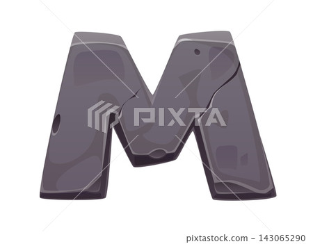 Stone font or rock alphabet letter M and cartoon typography with crack texture effect. Stone age font letter M with edgy rock or concrete for caveman text typo and English ABC rocky typeface 143065290