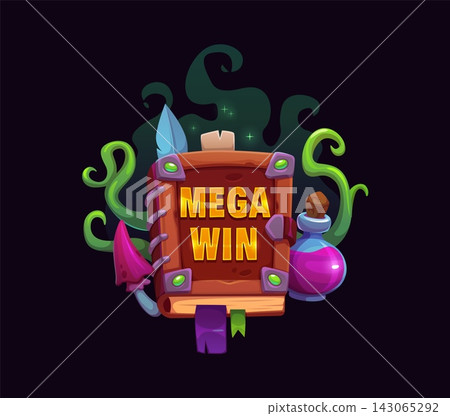 Cartoon Halloween casino mega win icon featuring wooden treasure book with glowing lettering, potion bottle, mushroom and fantasy vines. Mega win symbol for casino interfaces and gambling promotions 143065292