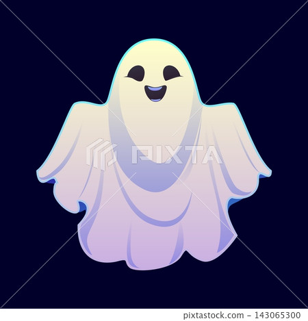 Cartoon Halloween cheerful ghost character with waving arms and a floating, flowing form. Vector adorable spooky white sheet phantom with a mischievous friendly smile, playfully frightens with a boo Cartoon Halloween cheerful ghost character with waving arms and a floating, flowing form. Vector adorable spooky white sheet phantom with a mischievous friendly smile, playfully frightens with a boo 143065300