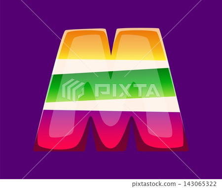 Sweet alphabet letter M shaped as layered jelly snack. Cartoon glossy pudding with vibrant yellow, green and pink stripes for candy shop emblems, pastry or confectionery store branding Sweet alphabet letter M shaped as layered jelly snack. Cartoon glossy pudding with vibrant yellow, green and pink stripes for candy shop emblems, pastry or confectionery store branding 143065322