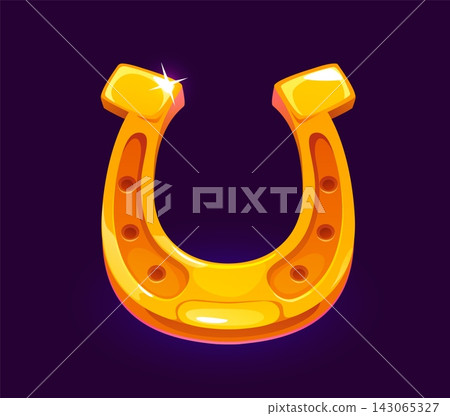 Cartoon golden lucky horseshoe icon with holes, glossy reflections and bright lens flares. Cartoon metallic talisman for Patrick Day greeting cards and traditional celebration banner designs Cartoon golden lucky horseshoe icon with holes, glossy reflections and bright lens flares. Cartoon metallic talisman for Patrick Day greeting cards and traditional celebration banner designs 143065327