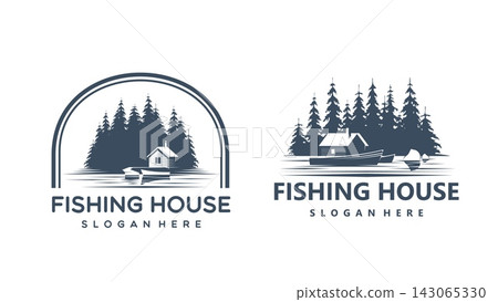 Fishing cabin, forest camp lodge and lake bungalow icon. Rustic forest cabin silhouette with pine trees, lake water and wooden boat. Outdoor lodge emblems with arched frame for fishing camp and resort Fishing cabin, forest camp lodge and lake bungalow icon. Rustic forest cabin silhouette with pine trees, lake water and wooden boat. Outdoor lodge emblems with arched frame for fishing camp and resort 143065330