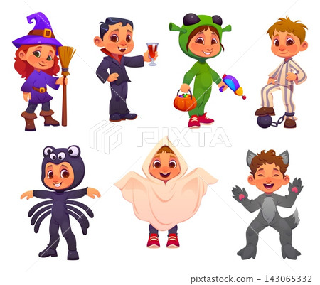 Cartoon girl and boy kids in Halloween costumes. Trick treat party cute kid characters in witch, ghost, vampire and spider, werewolf, alien and prisoner costumes with Halloween pumpkin basket 143065332