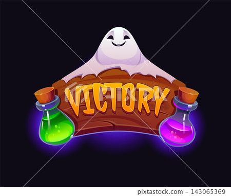 Cartoon Halloween casino gambling game victory emblem with funny ghost. Spooky reward screen icon with wooden sign, orange typography, friendly ghost mascot and glowing potion bottles for casino slots Cartoon Halloween casino gambling game victory emblem with funny ghost. Spooky reward screen icon with wooden sign, orange typography, friendly ghost mascot and glowing potion bottles for casino slots 143065369