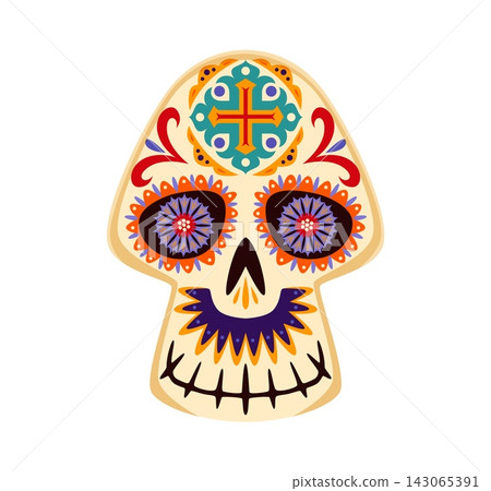 Cartoon Calavera Mexican sugar skull with traditional religious cross motifs, symmetrical folk art patterns and stitched jawline. Day of the Dead or Dia De Los Muertos face for Mexican festivals Cartoon Calavera Mexican sugar skull with traditional religious cross motifs, symmetrical folk art patterns and stitched jawline. Day of the Dead or Dia De Los Muertos face for Mexican festivals 143065391