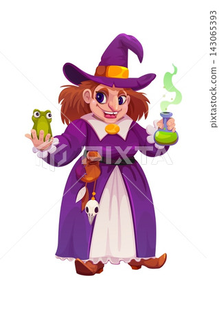 Cartoon Halloween witch character with frog and potion bottle. Vector spooky and sinister woman with smiling face, pointed hat and long dress ready for magic spell. Hex personage in magician costume 143065393