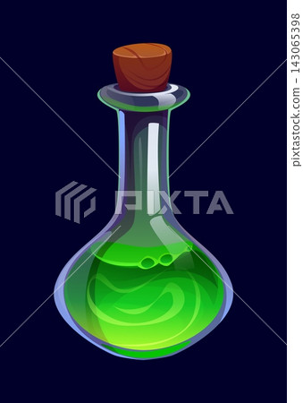 Cartoon Halloween magical energy or toxic elixir glass potion bottle filled with glowing green liquid, sealed with a wooden cork stopper. vector magic, fantasy, alchemy or wizard poison fantasy vial Cartoon Halloween magical energy or toxic elixir glass potion bottle filled with glowing green liquid, sealed with a wooden cork stopper. vector magic, fantasy, alchemy or wizard poison fantasy vial 143065398