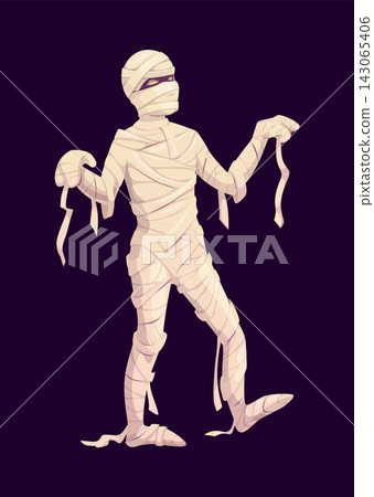 Cartoon Halloween mummy character, vector spooky bandaged monster. Eerie personage, costume for horror night party. Isolated Egyptian mummified human body with glowing eyes, wrapped in bandage Cartoon Halloween mummy character, vector spooky bandaged monster. Eerie personage, costume for horror night party. Isolated Egyptian mummified human body with glowing eyes, wrapped in bandage 143065406