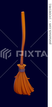 Cartoon Halloween witch broom with rustic wooden shaft and straw ends bound with rope. Vector Halloween magic witch broomstick tool with supernatural powers, enables witches to soar through the sky Cartoon Halloween witch broom with rustic wooden shaft and straw ends bound with rope. Vector Halloween magic witch broomstick tool with supernatural powers, enables witches to soar through the sky 143065461