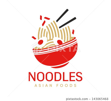 Asian ramen noodles bowl icon with red ceramic bowl, golden noodles, eggs, chopsticks and red pepper pieces. Bold minimalist Japanese food restaurant emblem for ramen bar and food delivery apps Asian ramen noodles bowl icon with red ceramic bowl, golden noodles, eggs, chopsticks and red pepper pieces. Bold minimalist Japanese food restaurant emblem for ramen bar and food delivery apps 143065468