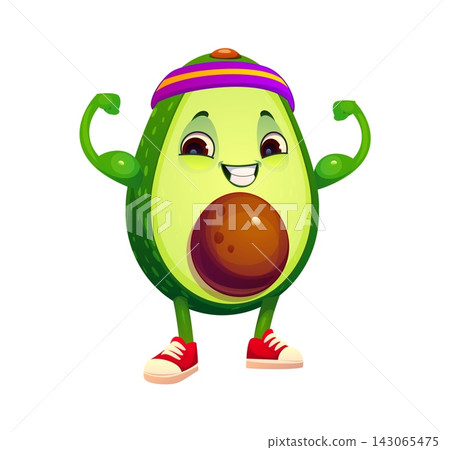 Cartoon strong avocado athlete character in red sneakers and purple yellow headband. Funny green avocado with brown pit for sports nutrition product packaging or vegan fitness promotional materials Cartoon strong avocado athlete character in red sneakers and purple yellow headband. Funny green avocado with brown pit for sports nutrition product packaging or vegan fitness promotional materials 143065475