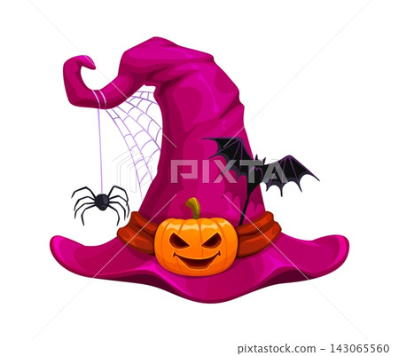 Cartoon Halloween witch and wizard hat with wide brim, bent pointed top and brown leather belt which decorated with jack lantern pumpkin buckle, spider and cobwebs. Vector pink magic costume headwear Cartoon Halloween witch and wizard hat with wide brim, bent pointed top and brown leather belt which decorated with jack lantern pumpkin buckle, spider and cobwebs. Vector pink magic costume headwear 143065560