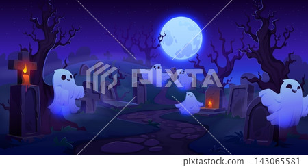 Cartoon Halloween graveyard cemetery with cute vector translucent ghosts drifting among crooked tombstones and stone crosses, tangled tree trunks border the scene, pebble path curves through the mist Cartoon Halloween graveyard cemetery with cute vector translucent ghosts drifting among crooked tombstones and stone crosses, tangled tree trunks border the scene, pebble path curves through the mist 143065581