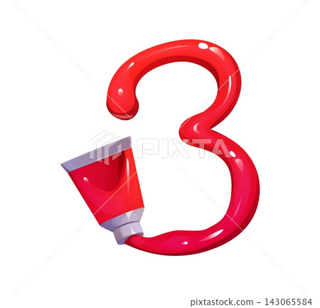 Cartoon education number 3 shaped as bright glossy red paint squeezed from tube. Vibrant school supply typeface element for art school emblems, painting workshop flyers and craft channel branding Cartoon education number 3 shaped as bright glossy red paint squeezed from tube. Vibrant school supply typeface element for art school emblems, painting workshop flyers and craft channel branding 143065584