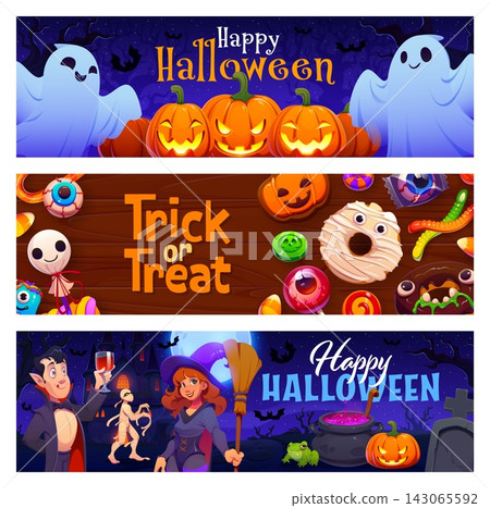 Happy Halloween holiday banners with spooky characters and festive treats. Cartoon ghosts, Dracula with glass, witch with broom, mummy and frog on cemetery. Scary vector designs for Halloween holiday Happy Halloween holiday banners with spooky characters and festive treats. Cartoon ghosts, Dracula with glass, witch with broom, mummy and frog on cemetery. Scary vector designs for Halloween holiday 143065592