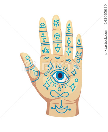 Cartoon hand with all seeing eye and occult mystic symbols. Vector Halloween hamsa amulet or magic item, open human palm with for numerology, palmistry, spirituality, astrology and fortune telling Cartoon hand with all seeing eye and occult mystic symbols. Vector Halloween hamsa amulet or magic item, open human palm with for numerology, palmistry, spirituality, astrology and fortune telling 143065659