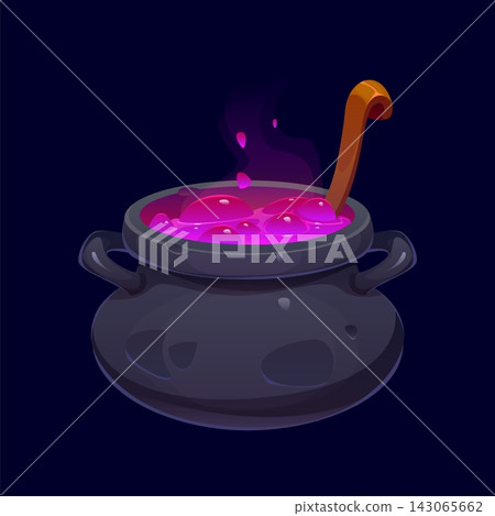 Cartoon Halloween wizard or witch enchanted cauldron with mysterious glowing potion and wooden stick inside. Vector magic pot or kettle with handles and pink gooey potion. Boiler with boiling brew 143065662