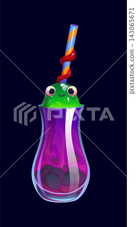 Halloween party cocktail beverage. Vector cocktail glass filled with fizzy violet drink, playful green slime monster character emerging from the rim. Cartoon funny holiday drink for party celebration Halloween party cocktail beverage. Vector cocktail glass filled with fizzy violet drink, playful green slime monster character emerging from the rim. Cartoon funny holiday drink for party celebration 143065671