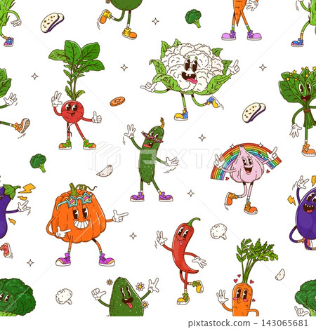 Cartoon ripe groovy hippie vegetables characters on seamless pattern background. Y2K pattern of groovy funky cauliflower with trippy carrot vegetable, crazy spinach and freaky garlic with rainbow Cartoon ripe groovy hippie vegetables characters on seamless pattern background. Y2K pattern of groovy funky cauliflower with trippy carrot vegetable, crazy spinach and freaky garlic with rainbow 143065681