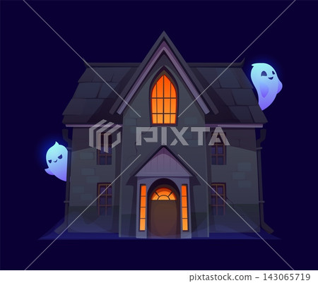 Cartoon Halloween house with ghosts. Cute spooky vector monsters flying around dark castle in fog. Scary home with orange light in window and cracks on wall. Mystery abandoned house Cartoon Halloween house with ghosts. Cute spooky vector monsters flying around dark castle in fog. Scary home with orange light in window and cracks on wall. Mystery abandoned house 143065719