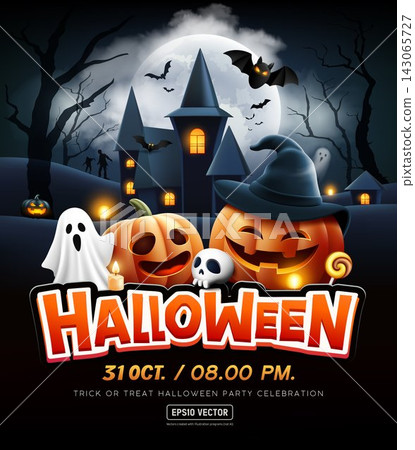 Happy Halloween text, Smiling Pumpkin, castle, ghost, bat flying, poster design on moon night dark blue background Happy Halloween text, Smiling Pumpkin, castle, ghost, bat flying, poster design on moon night dark blue background 143065727