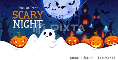 Happy Halloween paper cut background with scary and eerie pumpkin lanterns and flying bats. Abandoned castle with danger ghosts on Halloween background. Scary vector banner for party invitations Happy Halloween paper cut background with scary and eerie pumpkin lanterns and flying bats. Abandoned castle with danger ghosts on Halloween background. Scary vector banner for party invitations 143065731