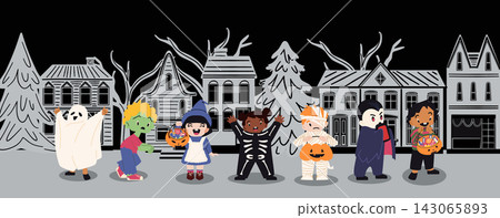 Cute children in halloween costumes on town street. Kids dressed as ghost, vampire, witch, mummy, zombie, and skeleton with pumpkin candy baskets for holiday party banner. Cute children in halloween costumes on town street. Kids dressed as ghost, vampire, witch, mummy, zombie, and skeleton with pumpkin candy baskets for holiday party banner. 143065893