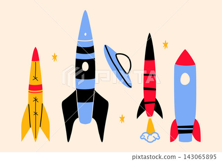Retro rocket and ufo. Childish space shuttle collection with stars, cosmos spaceships, and flying saucer icons for kids design, sticker, and print. Retro rocket and ufo. Childish space shuttle collection with stars, cosmos spaceships, and flying saucer icons for kids design, sticker, and print. 143065895