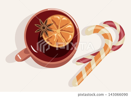 Flat lay Christmas mulled wine mug with candy cane isolated on white background. Cozy winter hot beverage vector illustration top view Flat lay Christmas mulled wine mug with candy cane isolated on white background. Cozy winter hot beverage vector illustration top view 143066090