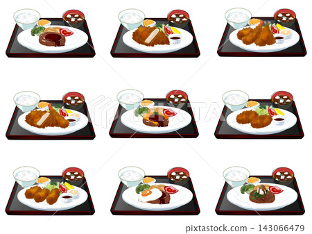 【菜單/食材】一套 9 幅插圖,描繪了經典的日本套餐(套餐菜單),例如漢堡包和炸豬排。 【菜單/食材】一套 9 幅插圖,描繪了經典的日本套餐(套餐菜單),例如漢堡包和炸豬排。 143066479